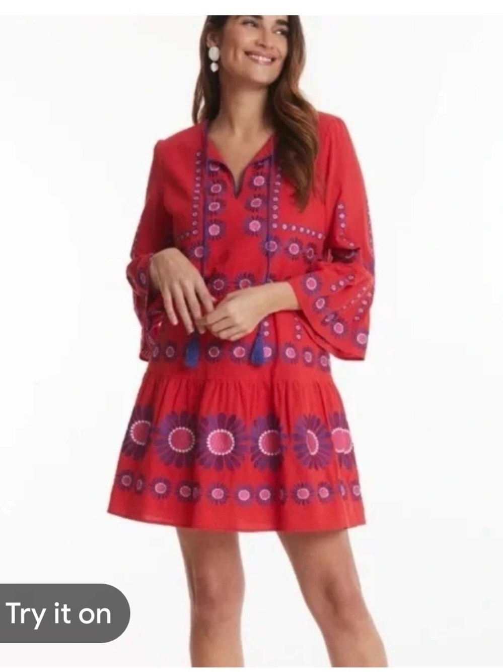 Tyler Boe Flame Holly Red Embroidered Tassel Tunic Dress